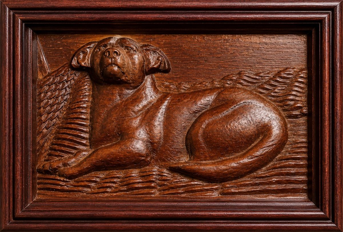 Relief eines liegenden Hundes im Gras